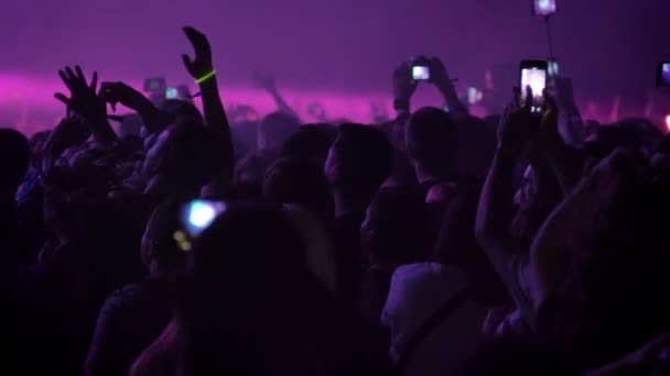 晚上在摇滚音乐会上的人群欢呼和录音录像 — 图库视频影像