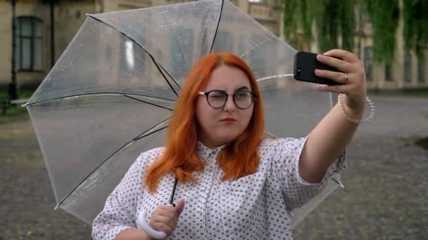 Puggy τζίντζερ κορίτσι με τα γυαλιά κάνει selfie στο smartphone στο πάρκο στο βροχερό καιρό, χαζεύεις, εκμετάλλευση ομπρέλα, έννοια επικοινωνίας — Αρχείο Βίντεο