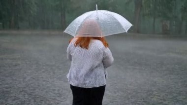 Şişko kız Kızıl silüeti yağmur, holding şemsiye, arkadan görünüm altında parkta yürüyüş