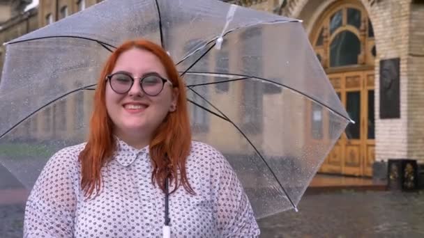 Gordura gengibre menina com óculos está de pé no tempo chuvoso, segurando guarda-chuva, assistindo a câmera, sorrindo, construindo no fundo — Vídeo de Stock