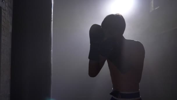 Kickboxer faire un coup puissant et de terminer son entraînement, la fumée et l'éclairage lumineux — Video