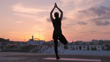 Yogi kız çatıda ağaç poz yaz gün batımı, sağlıklı bir yaşam tarzı üzerinde duruyor, kavram, meditasyon konsept sakin ol