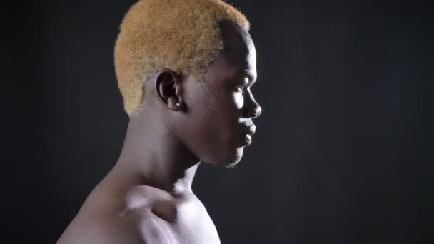 Mladý Američan Afričana muž s blond vlasy, otočil hlavu a při pohledu na fotoaparát, s úsměvem, samostatný na černém pozadí v studio — Stock video