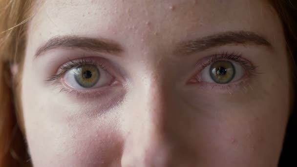 Крупним планом кадри молодої імбирної жінки зелені очі дивиться на камеру, макро знімок — стокове відео