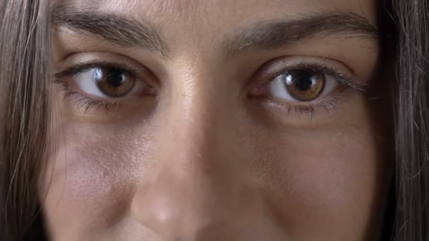 Close shot of young beautiful woman brown eyes looking at camera, face of charming female — Stock Video