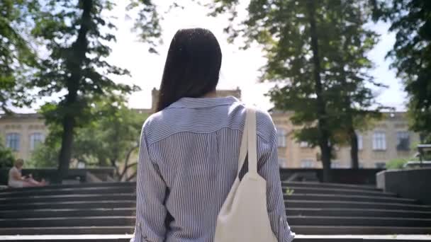 Detrás de un joven universitario yendo a la universidad, caminando arriba en el parque con árboles — Vídeos de Stock