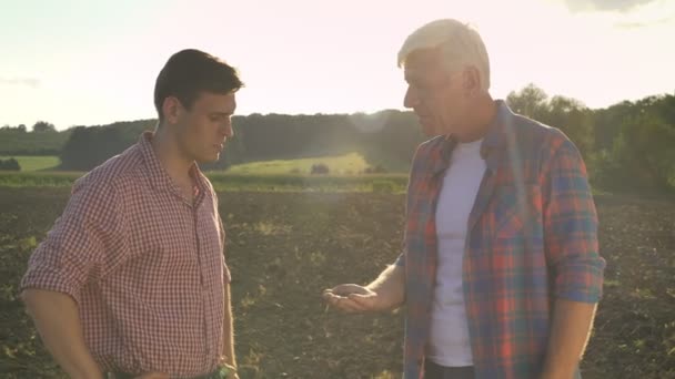 Gamla far och son talar, Pappa hålla jord på palm och talar, stående på marken i fältet, solnedgång och vacker natur — Stockvideo