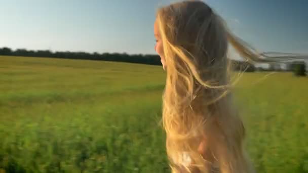 Glückliches kleines Kind, das zur jungen Mutter rennt und sie umarmt, wunderschönes Weizen- oder Roggenfeld bei Sonnenuntergang im Hintergrund — Stockvideo