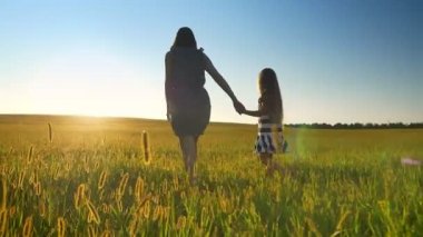Küçük kızı ile birlikte yürüyüş ve elele buğday ya da çavdar sahada güzel gün batımı sırasında annenin arkadan görünüm