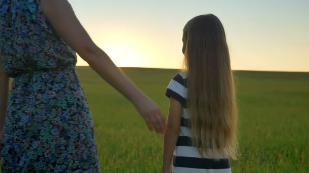 Vista posteriore della madre che abbraccia la piccola figlia con lunghi capelli biondi, in piedi in mezzo al campo di grano e guardando il tramonto — Video Stock