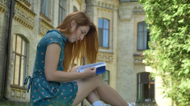 Geconcentreerde jonge gember vrouwelijke student leesboek en zit in het park in de buurt van college gebouw, zonnige dag buiten — Stockvideo