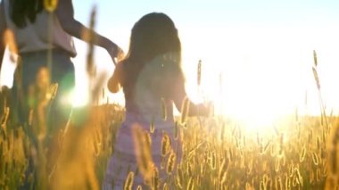 Siluet bir anne kızının alanı ile yaz aylarında yürüyüş IA tutuşsun, Aile kavramı.