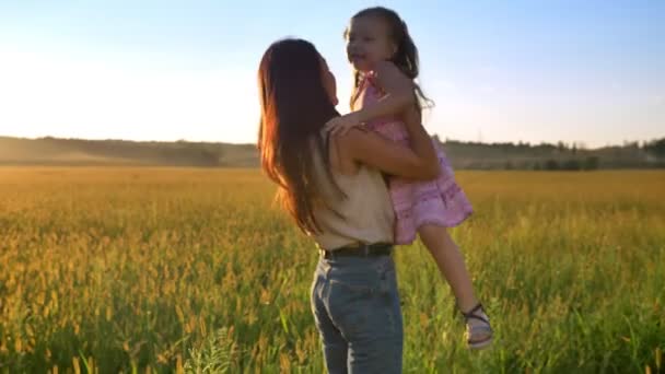 Silhouette di madre prende la figlia, camminando in campo in estate con i bambini, concetto di famiglia — Video Stock