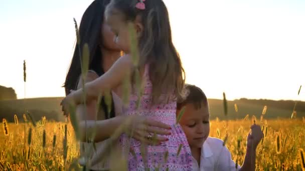 Asiática madre con niños están caminando en el campo en verano, sentado en el trigo, abraza a su hija, concepto de familia — Vídeo de stock