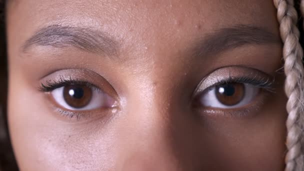 Sad brown eyes of an African girl with dreadlocks — Stock Video