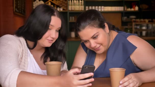 Dos mujeres caucásicas pesadas mirando smartphonewith sorpresa con bebidas en interiores — Vídeo de stock