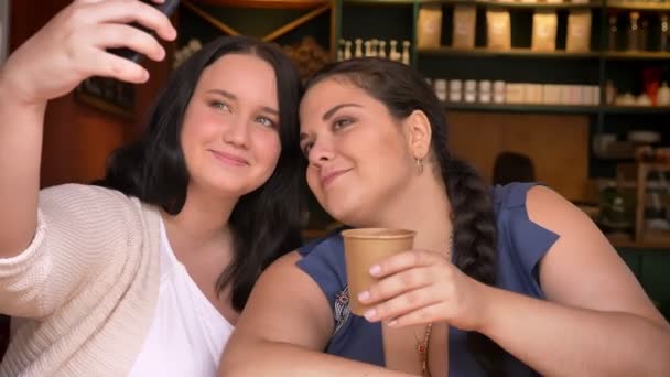 Due grandi ragazze caucasiche si rilassano e scattano selfie su smartphone al coperto — Video Stock