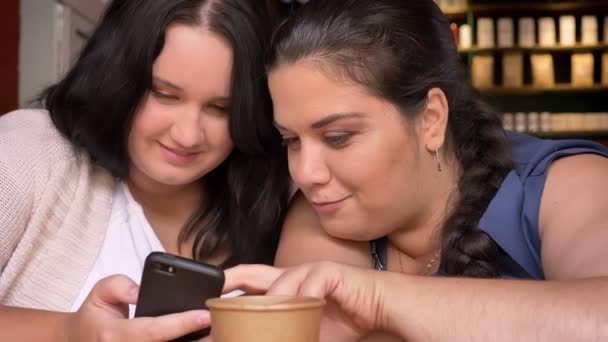 Två feta kaukasiska unga modeller att svepa smartphone medan du sitter i café med papper kopp — Stockvideo