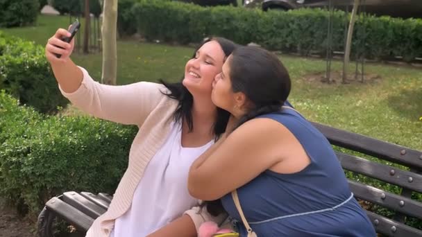 Dos obesos caucásico novias tomando selfie mientras sentado polluelo y sonriendo sentado en banco en parque — Vídeos de Stock