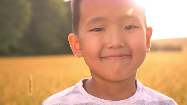 令人敬畏的亚洲小男孩的肖像看起来很高兴, 显示像标志在黄色的阳光场 — 图库视频影像