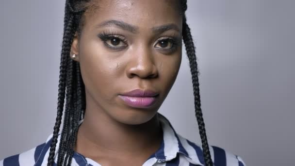 Närbild porträtt av afrikansk kvinna i dreads i grå studio — Stockvideo
