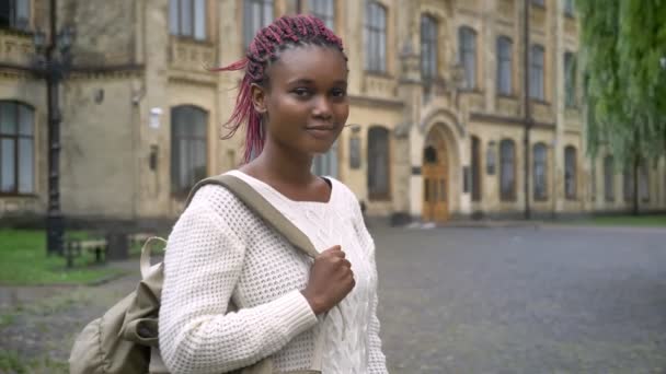 Unga afrikanska kvinnlig student med rosa dreadlocks tittar kameran och hålla ryggsäck, stående i parken nära university — Stockvideo