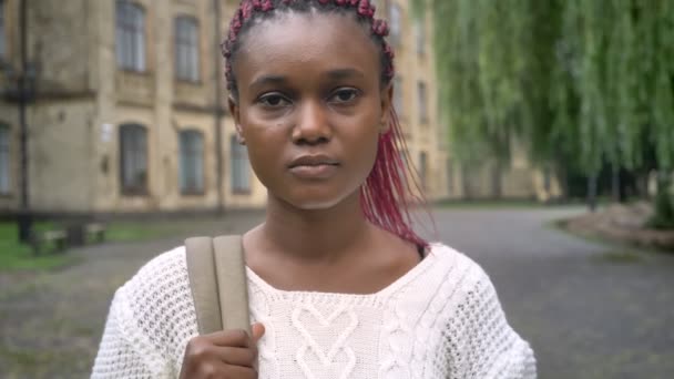 Серйозний красивий африканський студент з рожевими дредлоками дивиться на камеру і стоїть в парку біля університету — стокове відео