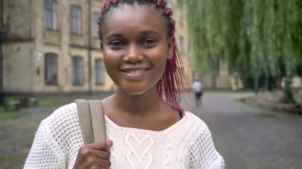 Retrato de la hermosa estudiante africana feliz sonriendo y sosteniendo la mochila y de pie en el parque cerca de la universidad — Vídeo de stock