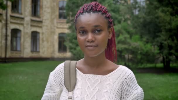 Portrait of young beautiful african student looking at camera and standing in park near university, charming woman with dreadlocks — Stock Video