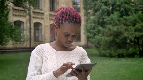 Fiatal afrikai-amerikai nő, a pink dreadlocks gépelés-on tabletta, és ül a park közelében, Egyetem — Stock videók