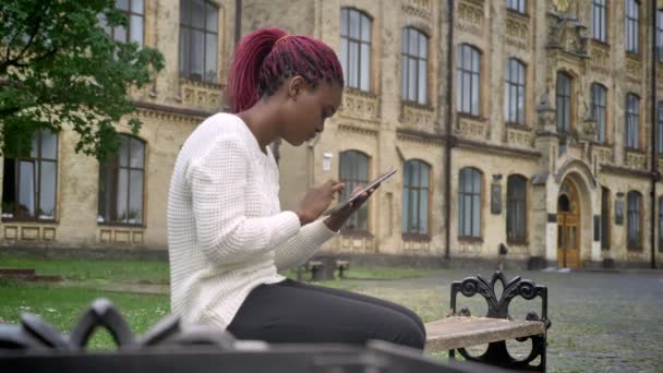 Unga afroamerikanska trendiga kvinnan med rosa dreadlocks använder surfplatta och sitter på bänken i parken nära university — Stockvideo