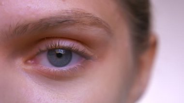 Yakın çekim yüz ve mükemmel cilt ve yumuşak yüz ile beyaz kadın odaklı mavi göz