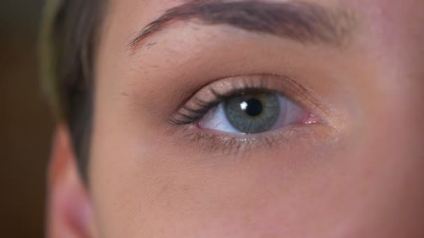 Крупным планом красивый глаз белой женщины смотрит в камеру, не моргая, расслабляясь — стоковое видео