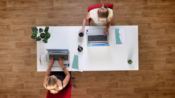 Tiro de arriba hacia abajo, dos mujeres trabajadoras mecanografiando en sus computadoras portátiles y sentadas a la mesa en el estudio de madera — Vídeo de stock