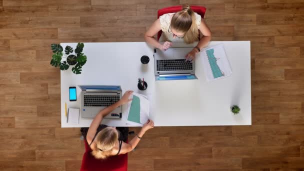 Two colleagues checking paper diagrams while typyinf on laptops, blue screen on the phone, scrolling, in the office — Stock Video