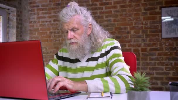 Lindo hombre antiguo está sentado en su lugar de trabajo y mirando a la cámara con precisión, barba larga blanca y cabello, aspecto divertido, ilustración de oficina de ladrillo — Vídeos de Stock