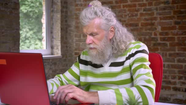 Homem caucasiano envelhecido peludo impressionante com longa barba branca está digitando e demonstrando gesto de vitória com o punho enquanto sentado em seu desktop no fundo de tijolo — Vídeo de Stock