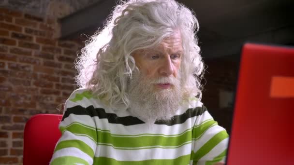 Крупним планом зйомка старого білого бородатого чоловіка з великим білим волоссям, дивлячись точно на його ноутбук і використовуючи його, сидячи в цегляному сучасному офісі — стокове відео