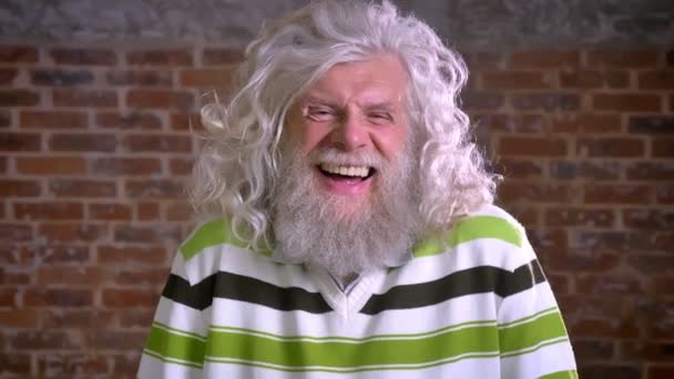 Divertido abuelo caucásico se ríe con dientes, pelo blanco arbusto y barba larga, hombre de pie moderno, pared de ladrillo ilustración — Vídeos de Stock