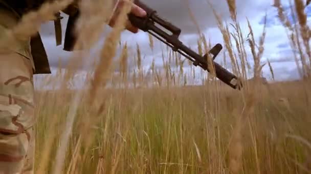 Close-up shooting, hands of soldier in camouflage are holding automatic gun weapon, while wind is blowing and high grass is moving, calm nature, dark skies background, authentical view outside — Stock Video