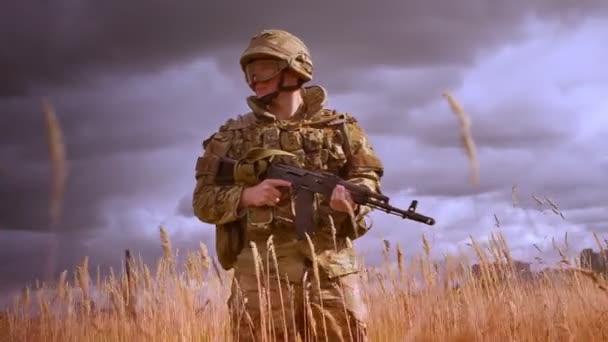 Authentic soldier in military clothes and helmet standing still and turning around with gun in hands, lost in nature yellow field and windy darkening weather, presistand defender — Stock Video