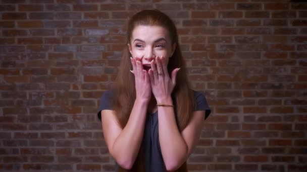 Překvapený obličej a emocionální pózuje umělecké zázvor bratranec dívka stojící izolované na cihlové pozadí, díval se přímo, skutečně nadšeni — Stock video