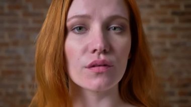 Kız, yeşil gözlü, kahverengi tuğla duvara yakın duran oldukça sanatsal kişi zencefil beyaz güzel yüzü çekim yakın çekim