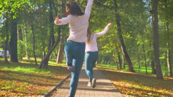 Images de danseuses, Jolies femmes blondes et brunes caucasiennes souriantes et sautent tout en dansant dans le parc ensemble, mouvement Jive, bonheur en mouvement, vue ensoleillée — Video