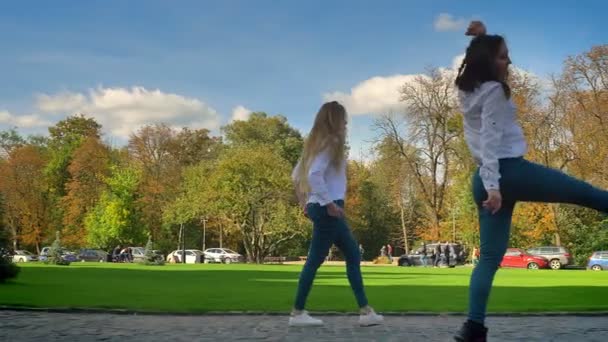 Artistique Happy Blondes caucasiennes et brunes femmes dansent et arts de la scène dans un lieu public, liberté, bonheur, style Jive, arbres et parc en arrière-plan, rayons de soleil — Video