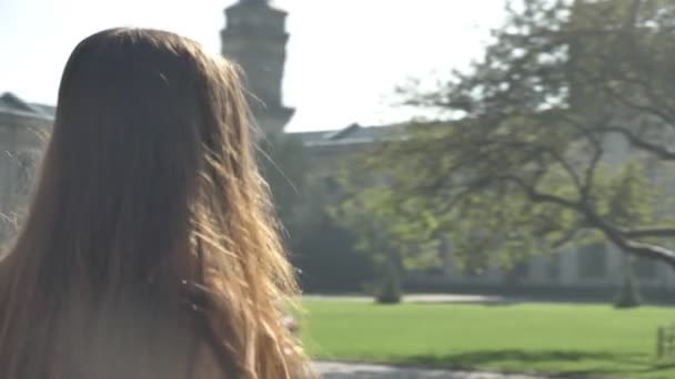 Van achteren schieten, loopt mooie Kaukasische vrouw vooruit op stedelijke stadsgebied, zonnige mooi weer en bewegende persoon, buiten — Stockvideo