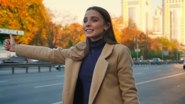 Nádherná Kavkazský žena v době pádu stojící venkovní a stopování auto u dálnice, slunečný den, výlet ilustrace — Stock video