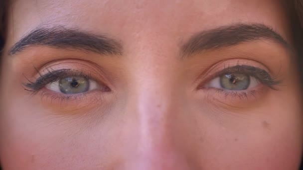 Close-up pretty face and blue eyes of caucasian woman looking straight at camera, open and natural — Stock Video