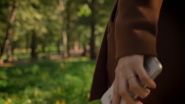 그녀의 손, 산책, 모션 일러스트 레이 션, 배경, 야외에 녹색 공원에 전화로 여성 피트 — 비디오