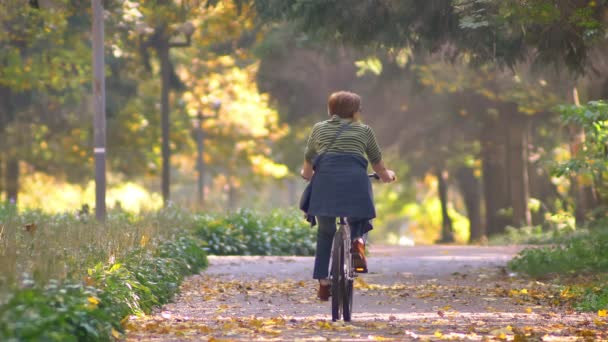 Slow Motion Video Senior Kobiety Jazda Rowerze Jesienny Park — Wideo stockowe